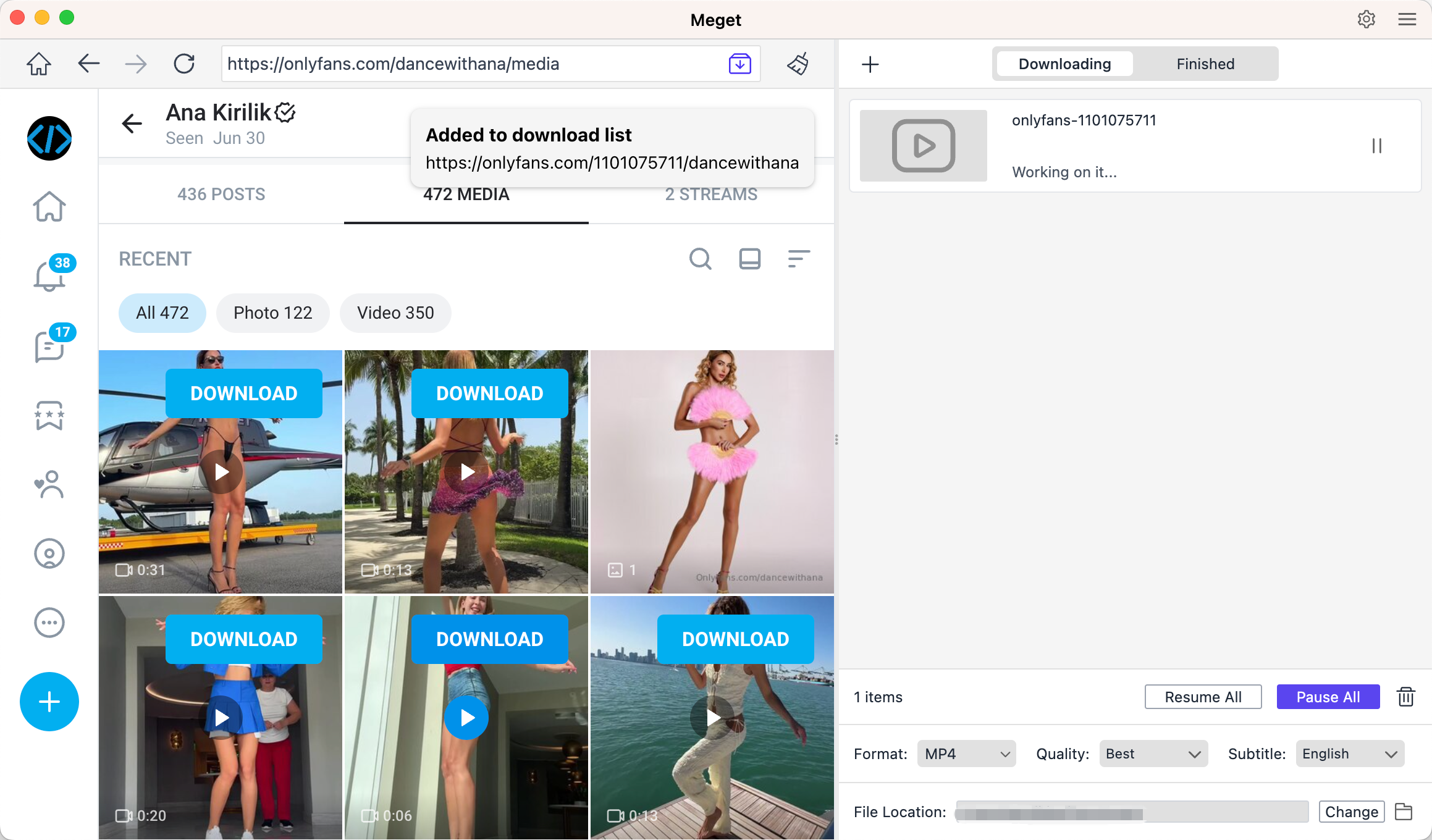 добавить видео с OnlyFans в список загрузок meget