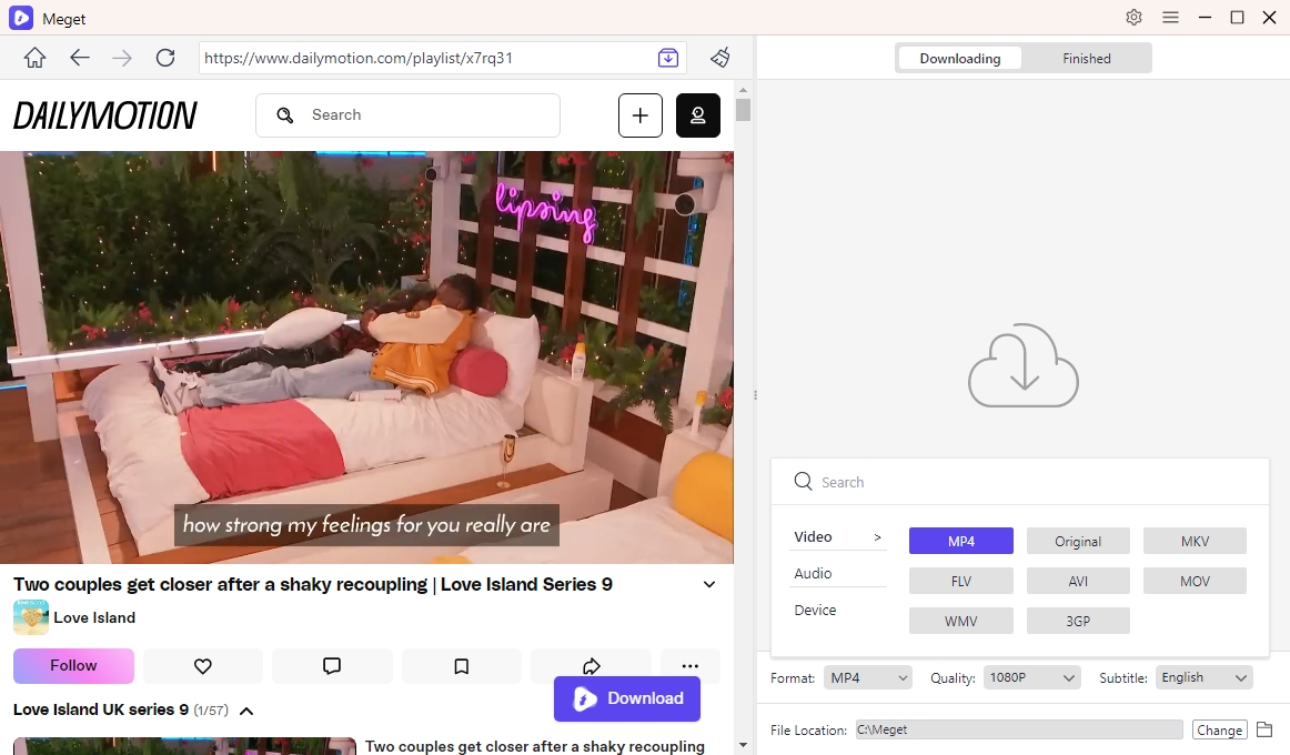 choose video format to download love island videos