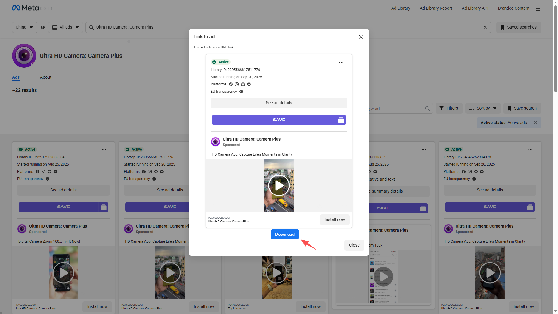 click the meta ad download button