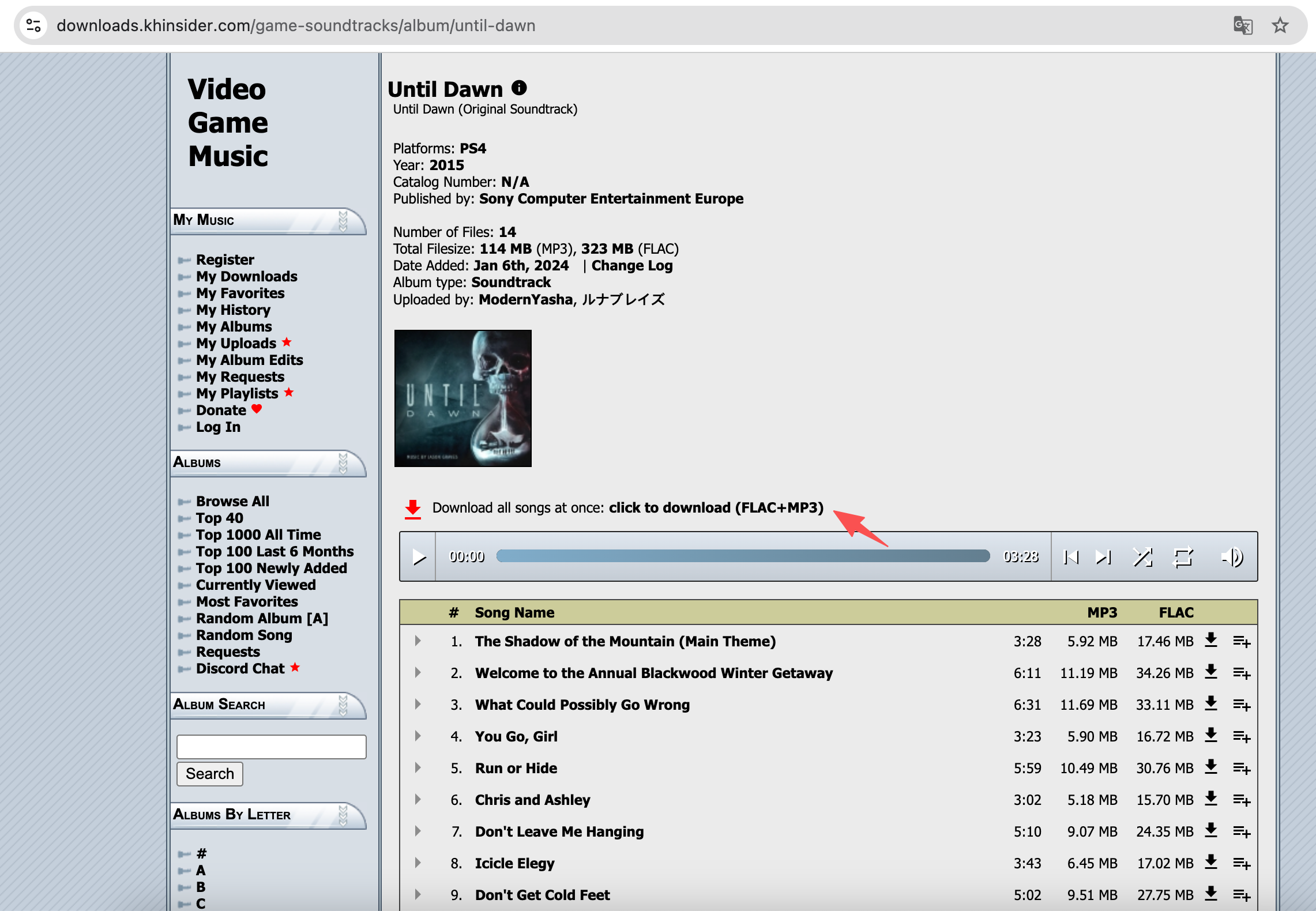 Téléchargement direct des bandes originales de Until Dawn depuis le site web