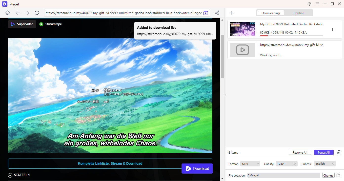 download streamcloud video with meget