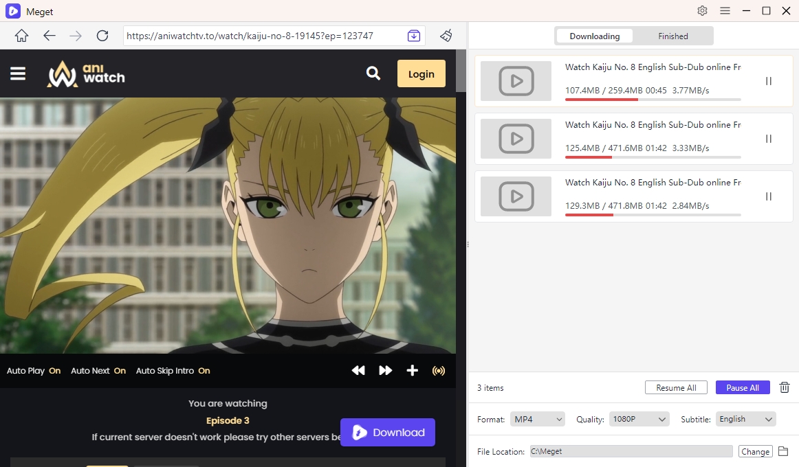 downloading aniwatch videos with meget