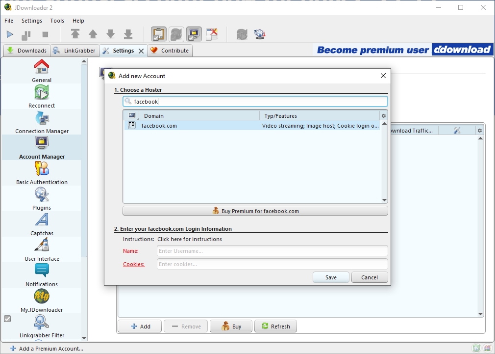 jdownloader add facebook cookies