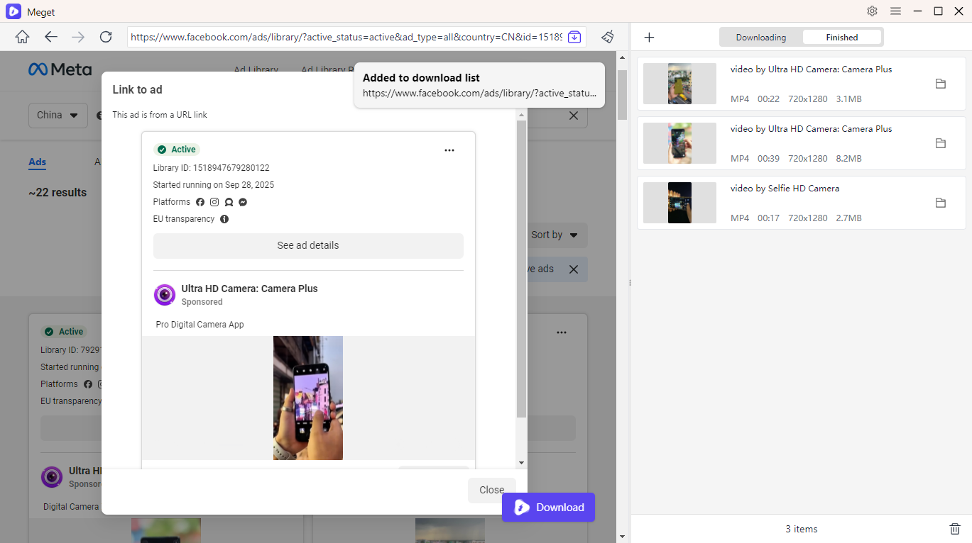 meget download meta ad videos