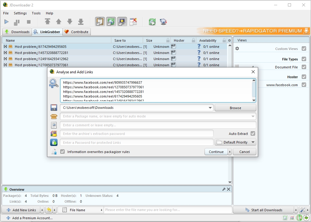 paste facebook reel links into jdownloader