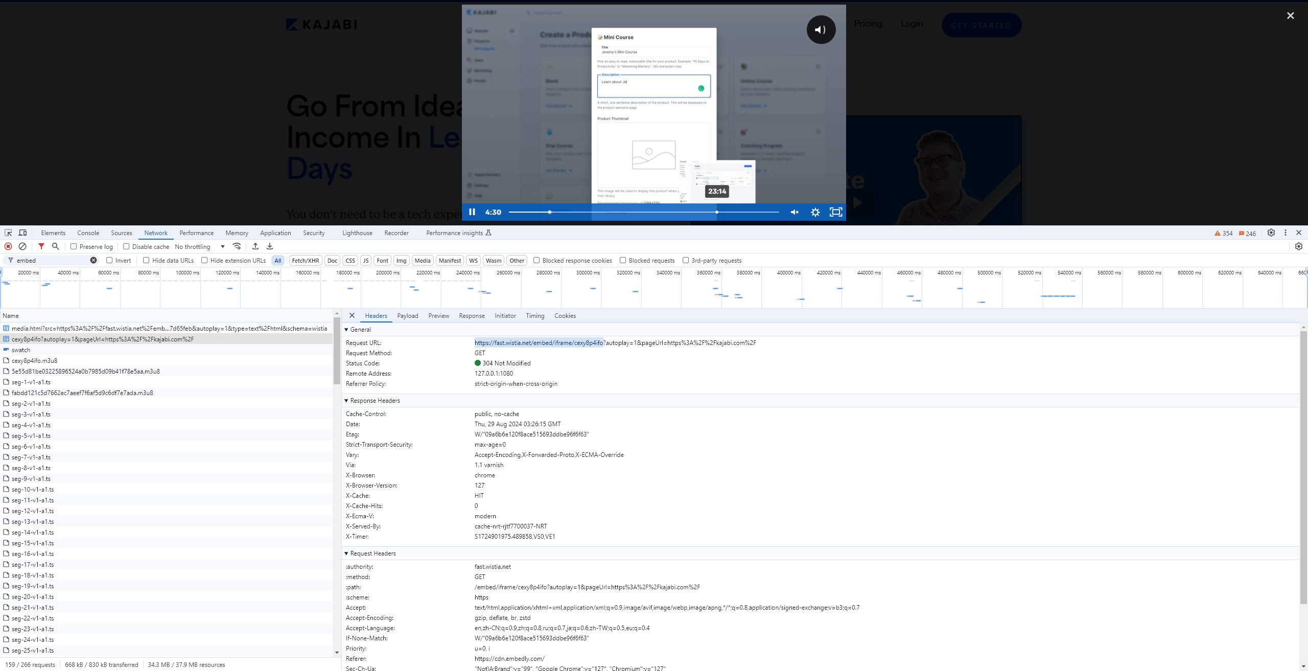 play kajabi video to find the request url